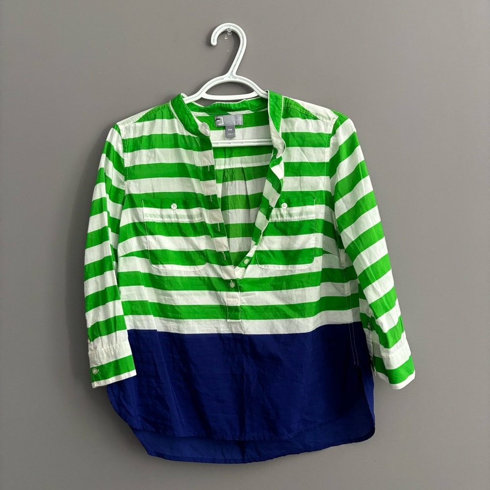 Silk and Cotton Blend Small Button Down Striped Green and Blue Long Sleeve